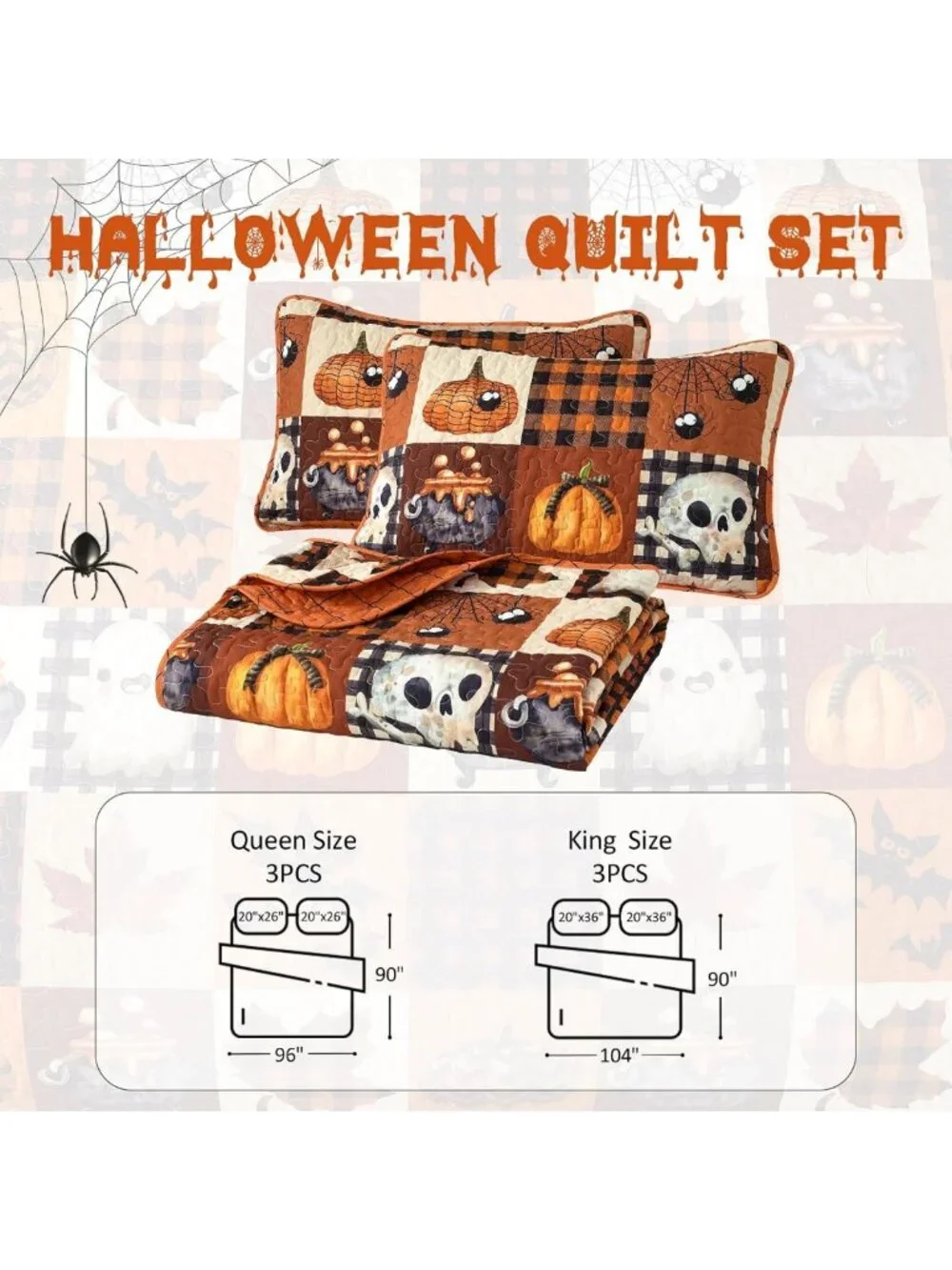 Orange Halloween Queen Quilt Bedding Set - Cartoon Plaid Bedspread for Cozy
